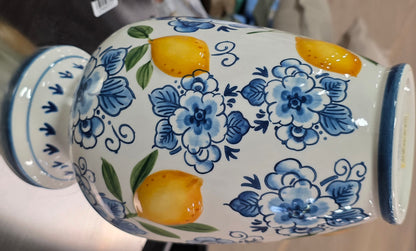 Muchoise Ceramic Vase Blue & White Flowers with Lemon accents.  PICKUP ONLY