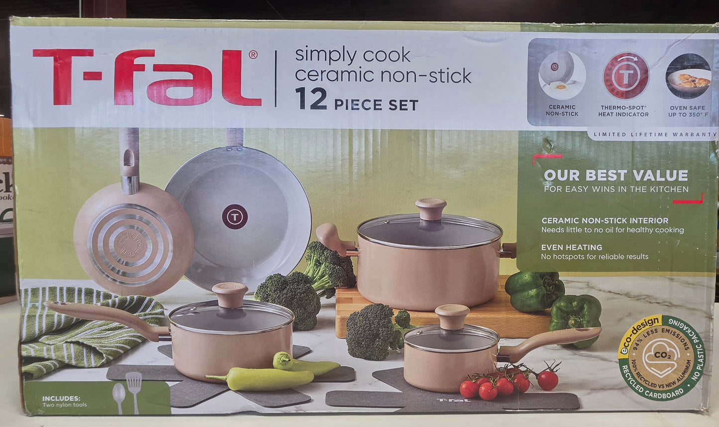 T-Fal 12pc Simply Cook Ceramic Cookware Set Beige: Nonstick Pots & Pans, Tempered Glass Lids, Ergonomic Handles PICKUP ONLY