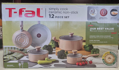 T-Fal 12pc Simply Cook Ceramic Cookware Set Beige: Nonstick Pots & Pans, Tempered Glass Lids, Ergonomic Handles PICKUP ONLY