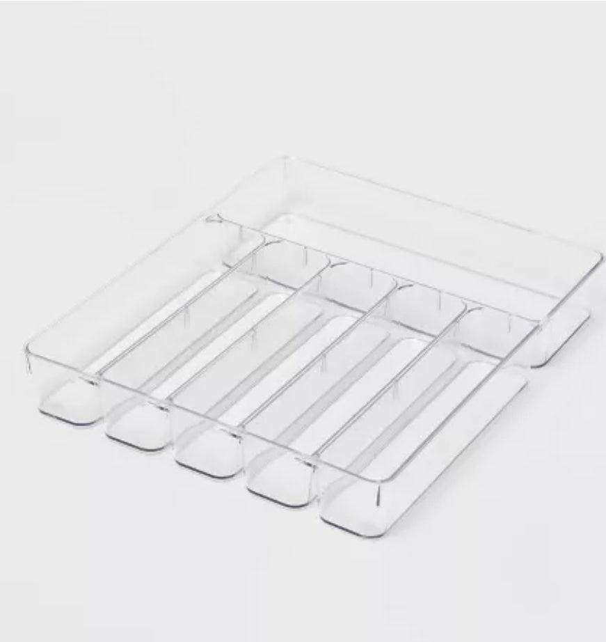 6 Compartment Plastic Organizer - Clear In-Drawer Storage, Contemporary Style, 16"x13" AS-IS