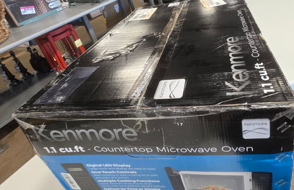 Kenmore 1.1 cu ft Microwave Oven Black: Countertop Oven, 1000W, Child Lock, 6 Programs, 1 Year Warranty PICKUP ONLY...  DAMAGED OPEN BOX