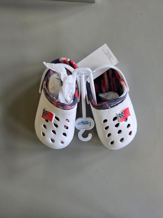 Kids red, white and blue patriotic clogs - SOME MINOR COSMETIC FLAWS