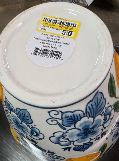 Muchoise Ceramic Vase Blue & White Flowers with Lemon accents.  PICKUP ONLY