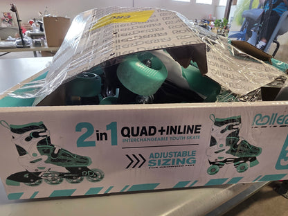 Roller Derby Mint Prodigy Kids' Adjustable Inline-Quad Combo Skates - White/Mint Green M (3-6)  AS-IS PICKUP ONLY