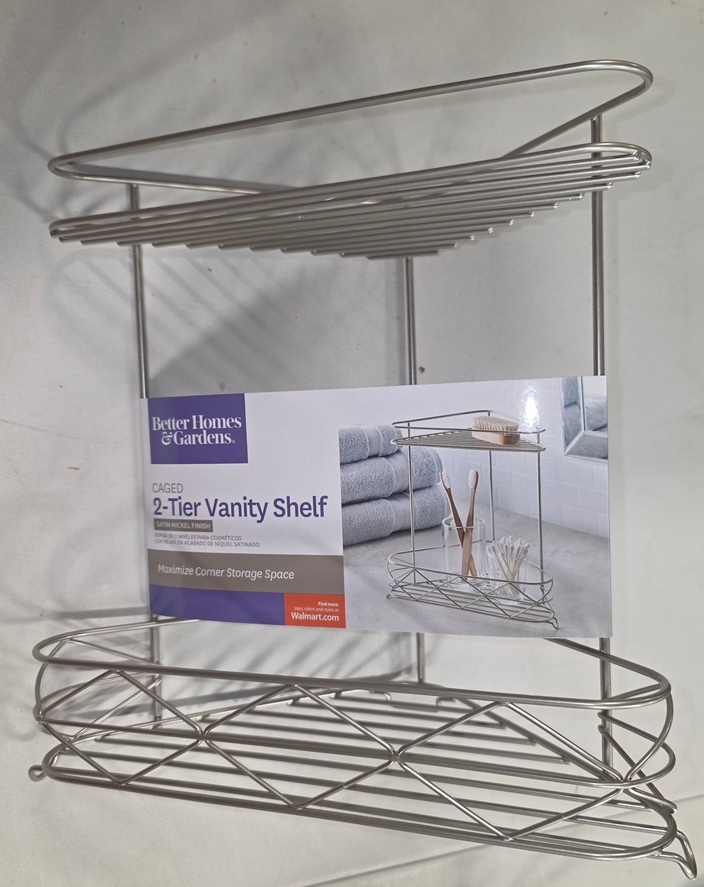 Better Homes & Gardens Caged 2-Tier Vanity Shelf, 10.75" x 6.5" x 10.6", Satin Nickel Finish