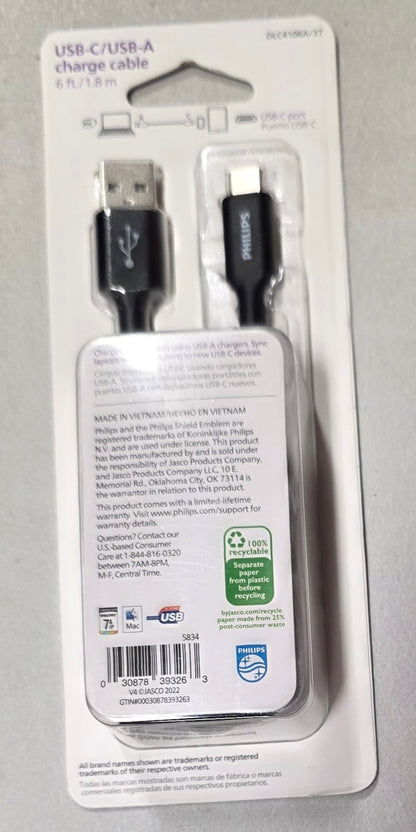 Philips 6' Cable, USB-A to USB-C 15W Charge - Black: Connection Male-To-Male