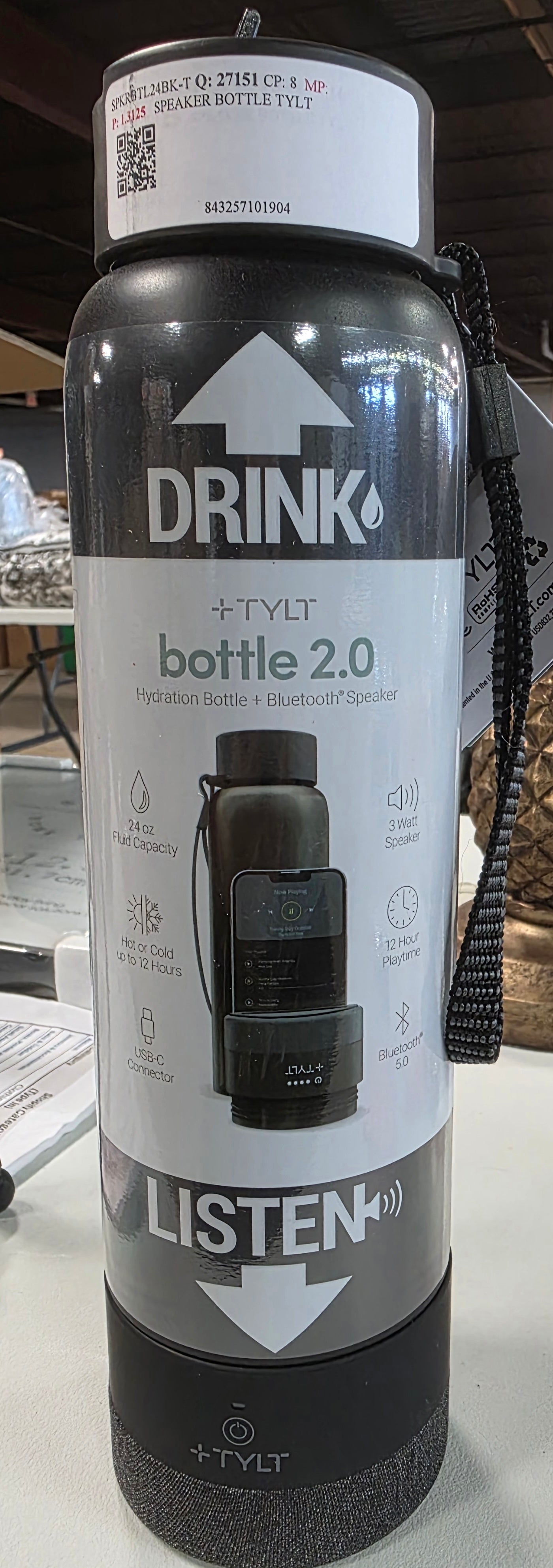TYLT 24oz Stainless Steel Water Bottle with Built-in Bluetooth Speaker