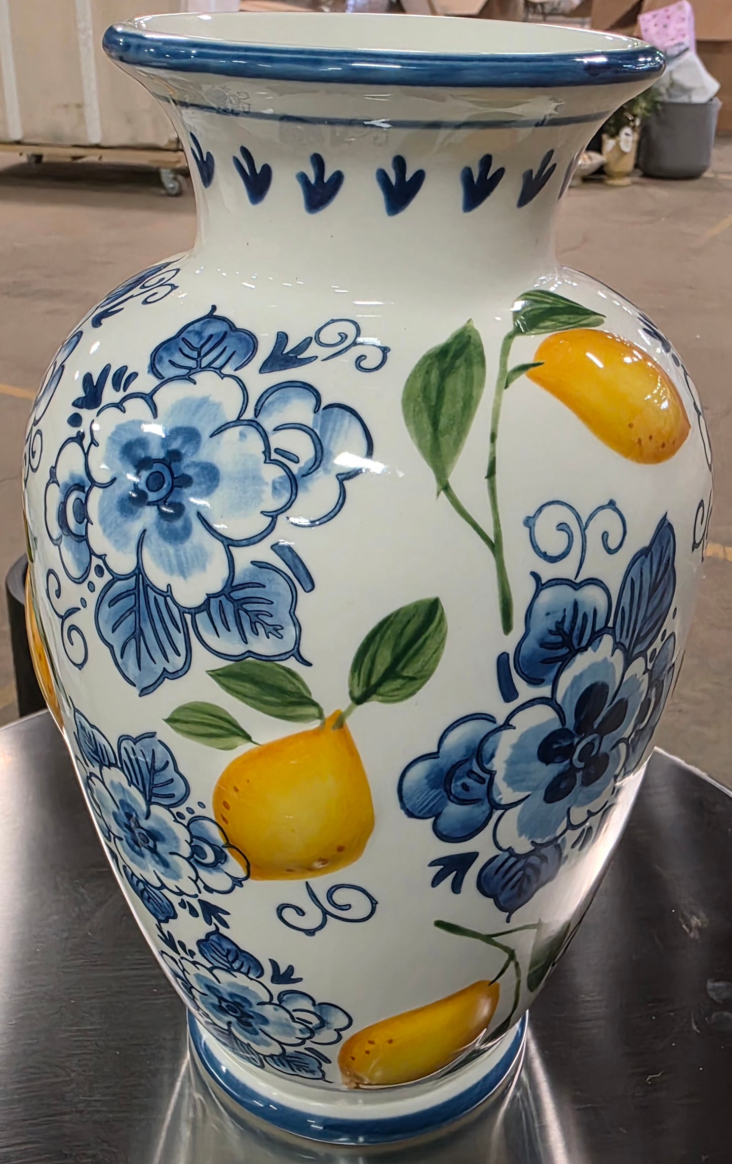 Muchoise Ceramic Vase Blue & White Flowers with Lemon accents.  PICKUP ONLY