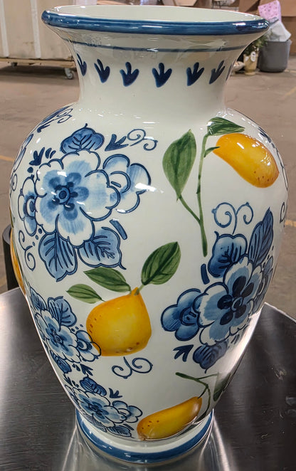 Muchoise Ceramic Vase Blue & White Flowers with Lemon accents.  PICKUP ONLY