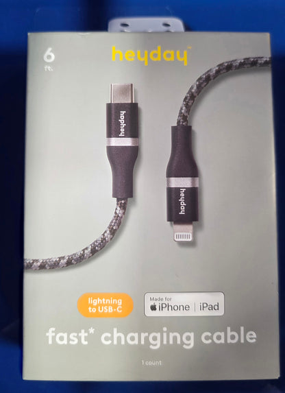6' Lightning to USB-C Braided Cable - heyday™ Black: Male-To-Male Connection