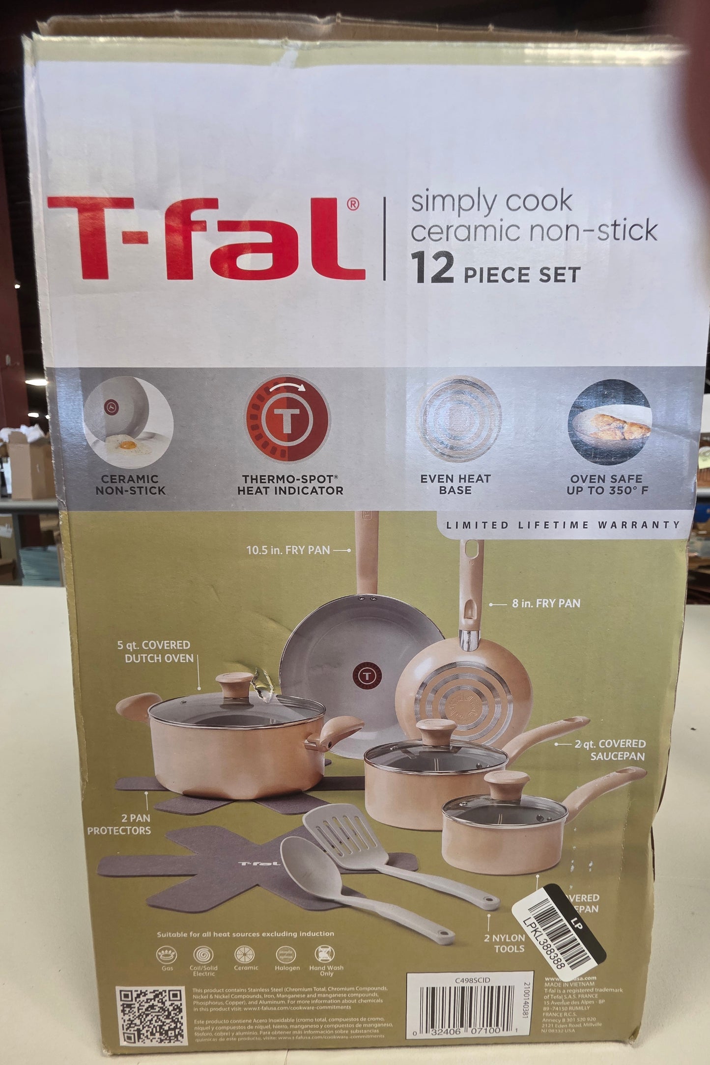 T-Fal 12pc Simply Cook Ceramic Cookware Set Beige: Nonstick Pots & Pans, Tempered Glass Lids, Ergonomic Handles PICKUP ONLY