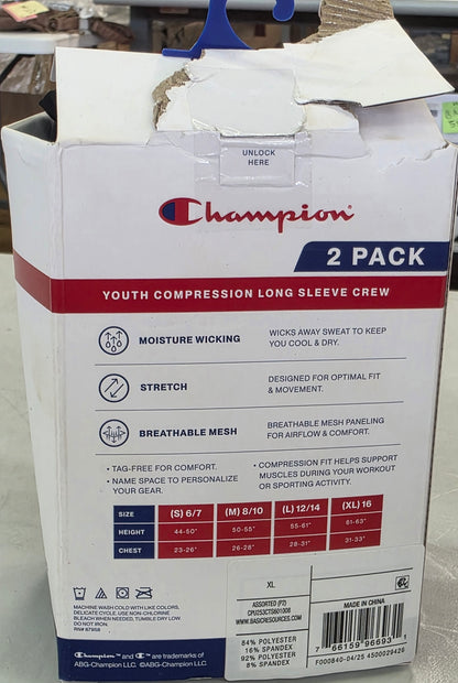 Champion Youth 2pk Compression Long Sleeve Shirt - Black/Black - XL