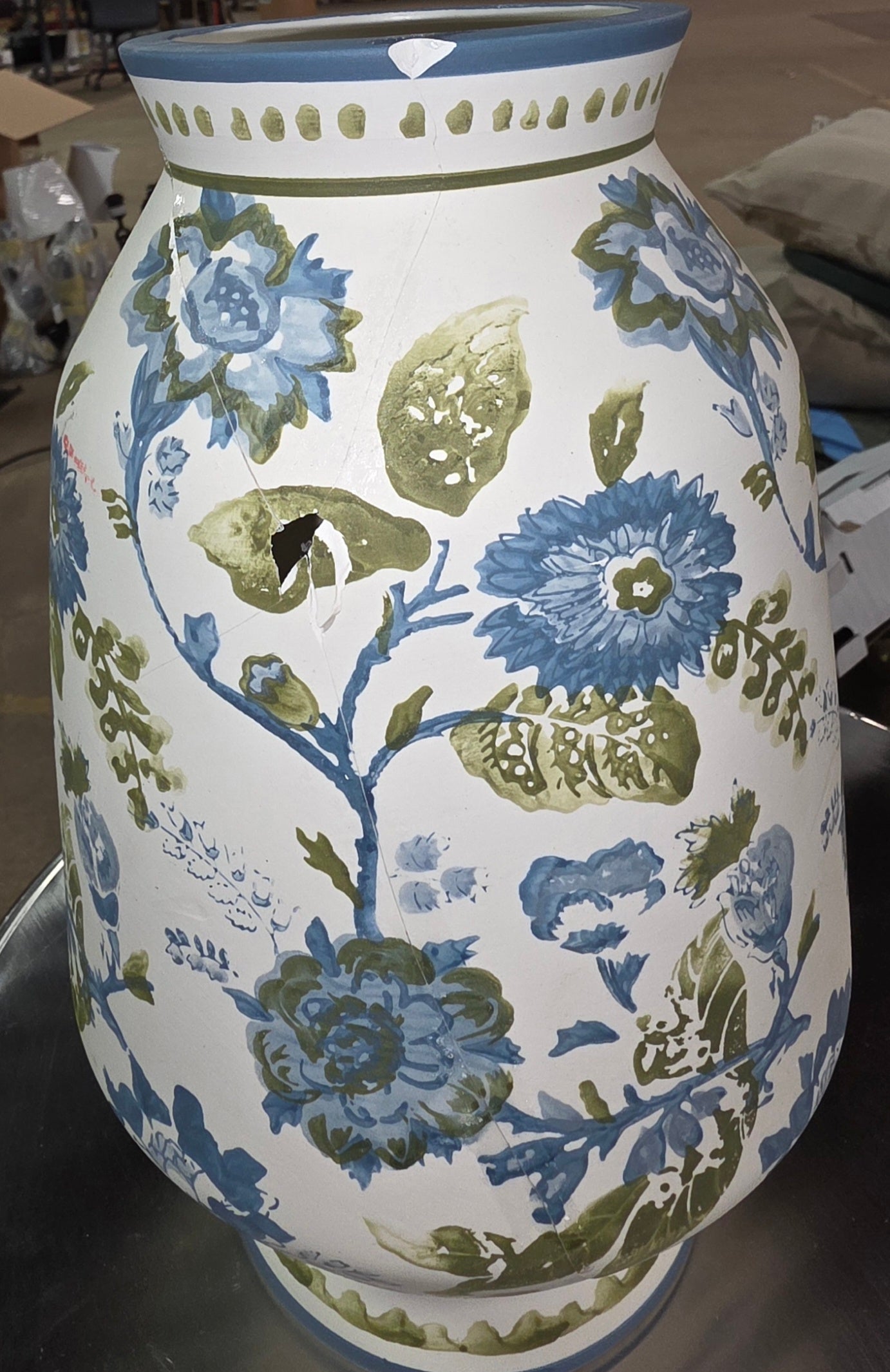 THRIFTY: 12" Tall Floral Painted Ceramic Vase Blue/Green - Threshold™ AS-IS PICKUP ONLY
