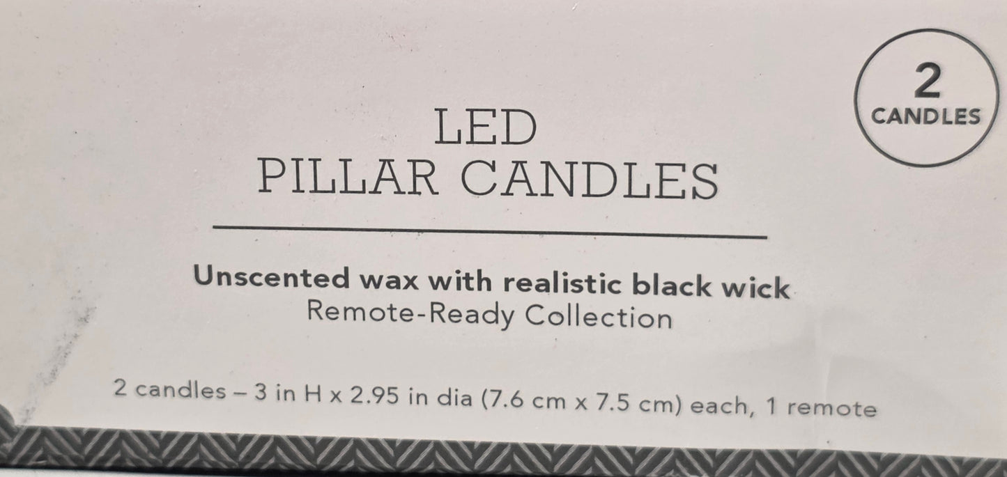 2pk 3” x 3” LED flameless black wick candles white: wax pillar,  remote, battery operated