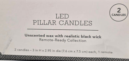 2pk 3” x 3” LED flameless black wick candles white: wax pillar,  remote, battery operated
