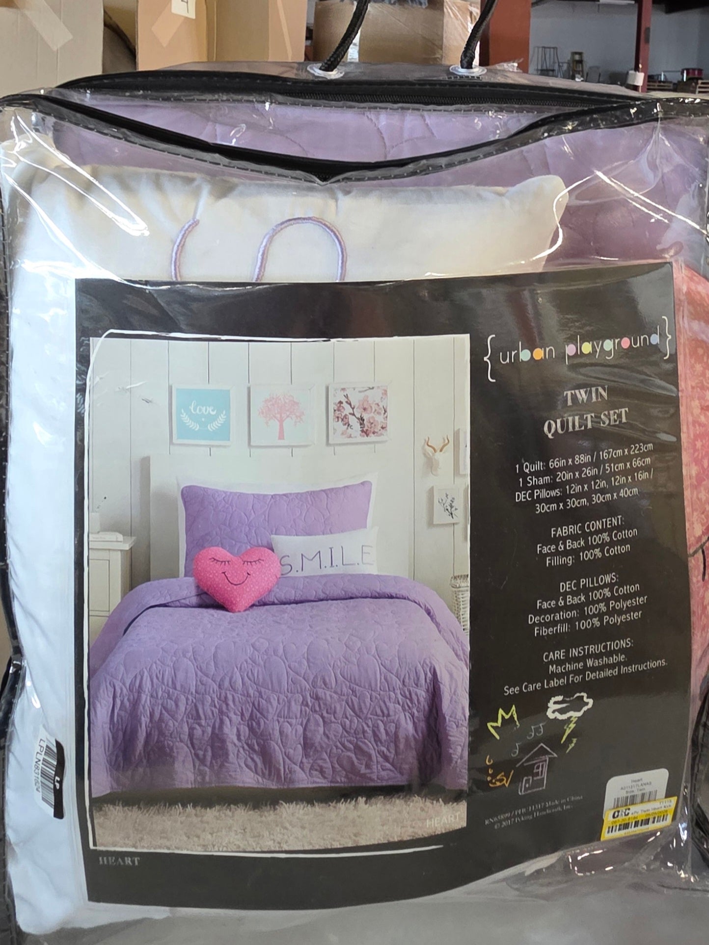 4Pc Twin Heart Kids' Quilt Set Lavender - Urban Playground: Girls Bedding Set with Decorative Pillows, Embroidered Details