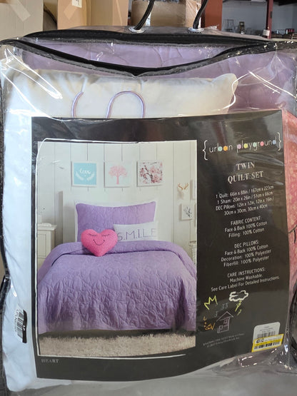 4Pc Twin Heart Kids' Quilt Set Lavender - Urban Playground: Girls Bedding Set with Decorative Pillows, Embroidered Details