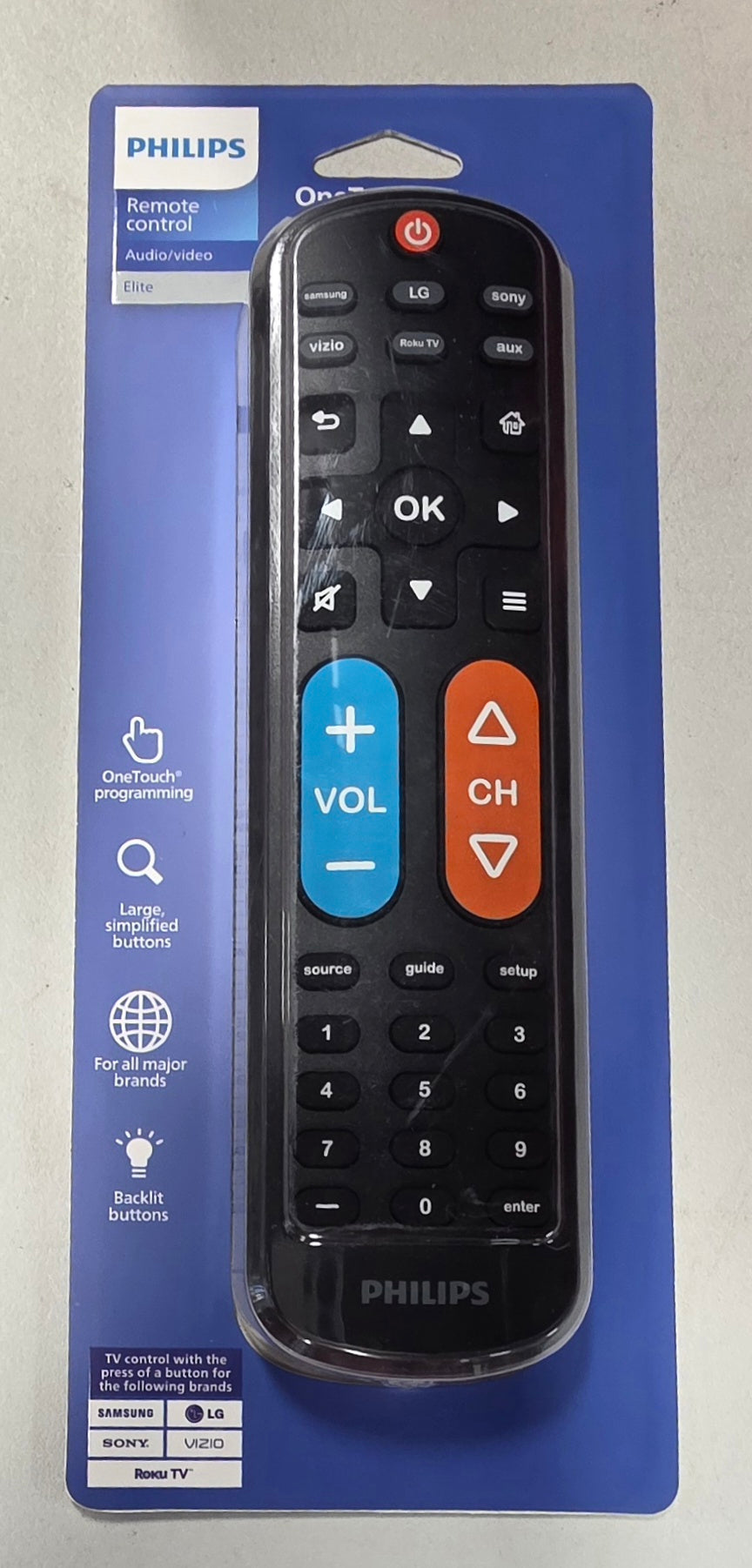 Philips BigEZ OneTouch Backlit Remote for Samsung Smart TV, LG, Sony, VIZIO, Fire TV and Roku TV