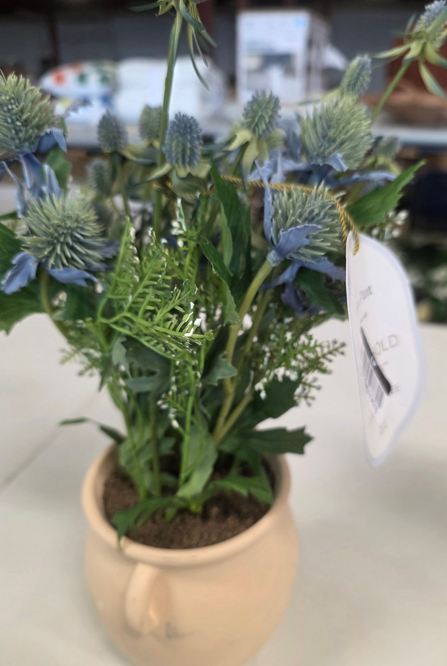 13.5" Artificial Potted Sea Holly tabletop plant