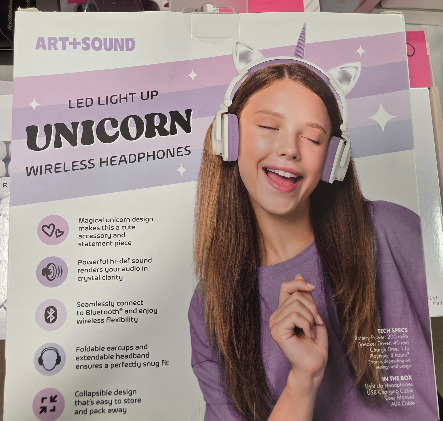 ART+SOUND LED Light Up Unicorn Bluetooth Wireless / Wired Headphones: Adjustable Headband, Built-In Microphone