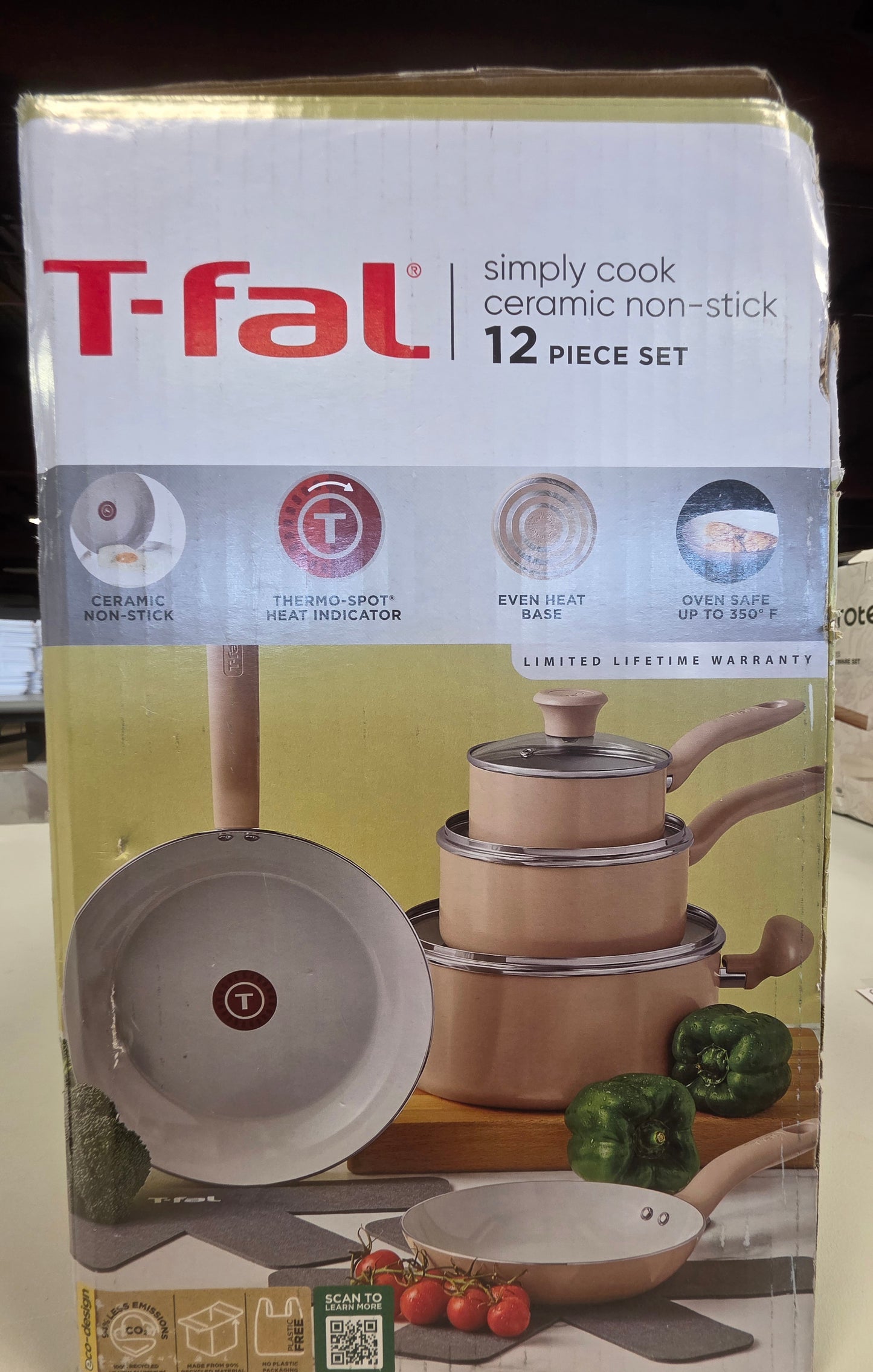 T-Fal 12pc Simply Cook Ceramic Cookware Set Beige: Nonstick Pots & Pans, Tempered Glass Lids, Ergonomic Handles PICKUP ONLY