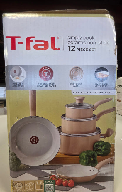 T-Fal 12pc Simply Cook Ceramic Cookware Set Beige: Nonstick Pots & Pans, Tempered Glass Lids, Ergonomic Handles PICKUP ONLY