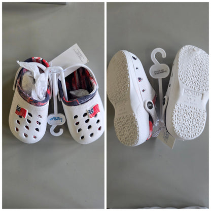 Kids red, white and blue patriotic clogs - SOME MINOR COSMETIC FLAWS