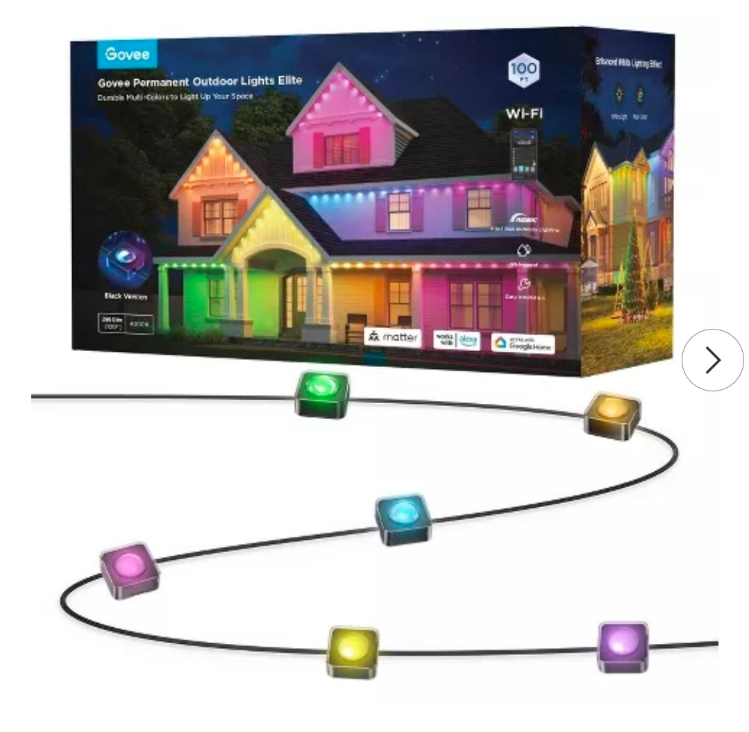 Govee 100ft RGBICW Black Permanent Outdoor Lights Elite: Multicolored LED String Lighting