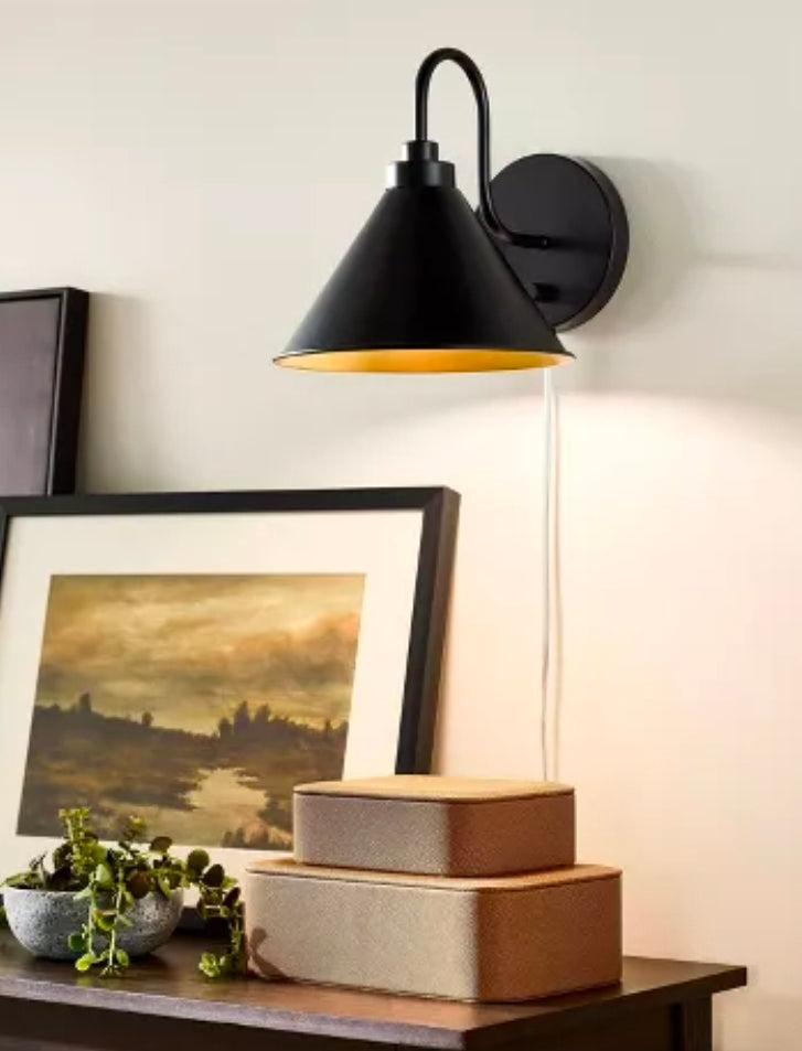 Curved Neck Wall Sconce with Metal Shade Black