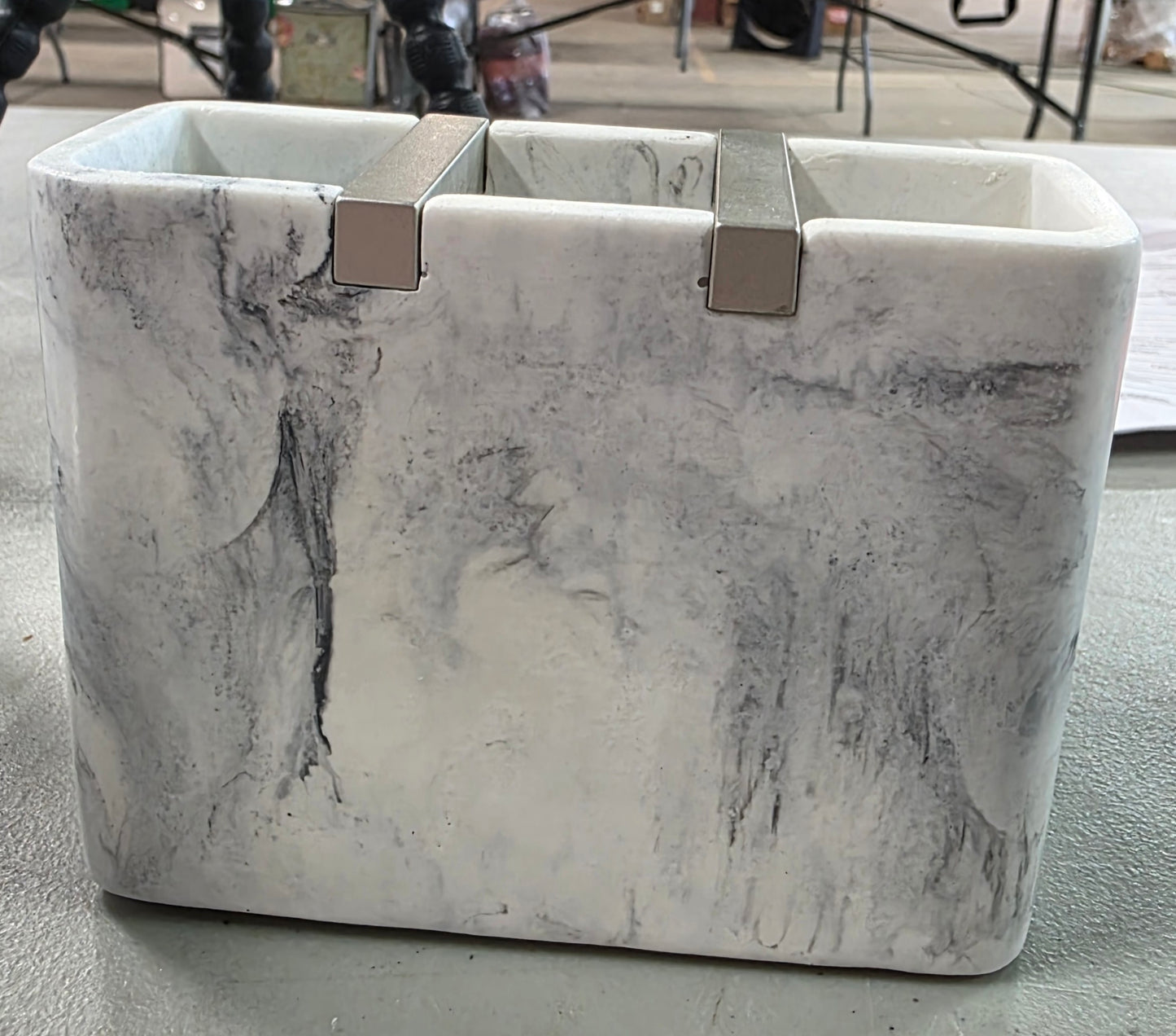 iDesign Dakota Resin Marble Vanity Center for Toothbrush, Cell Phone, Bathroom Countertops, Desks, Vanities, Dorm, Office - White Marble and Satin Metal Accents