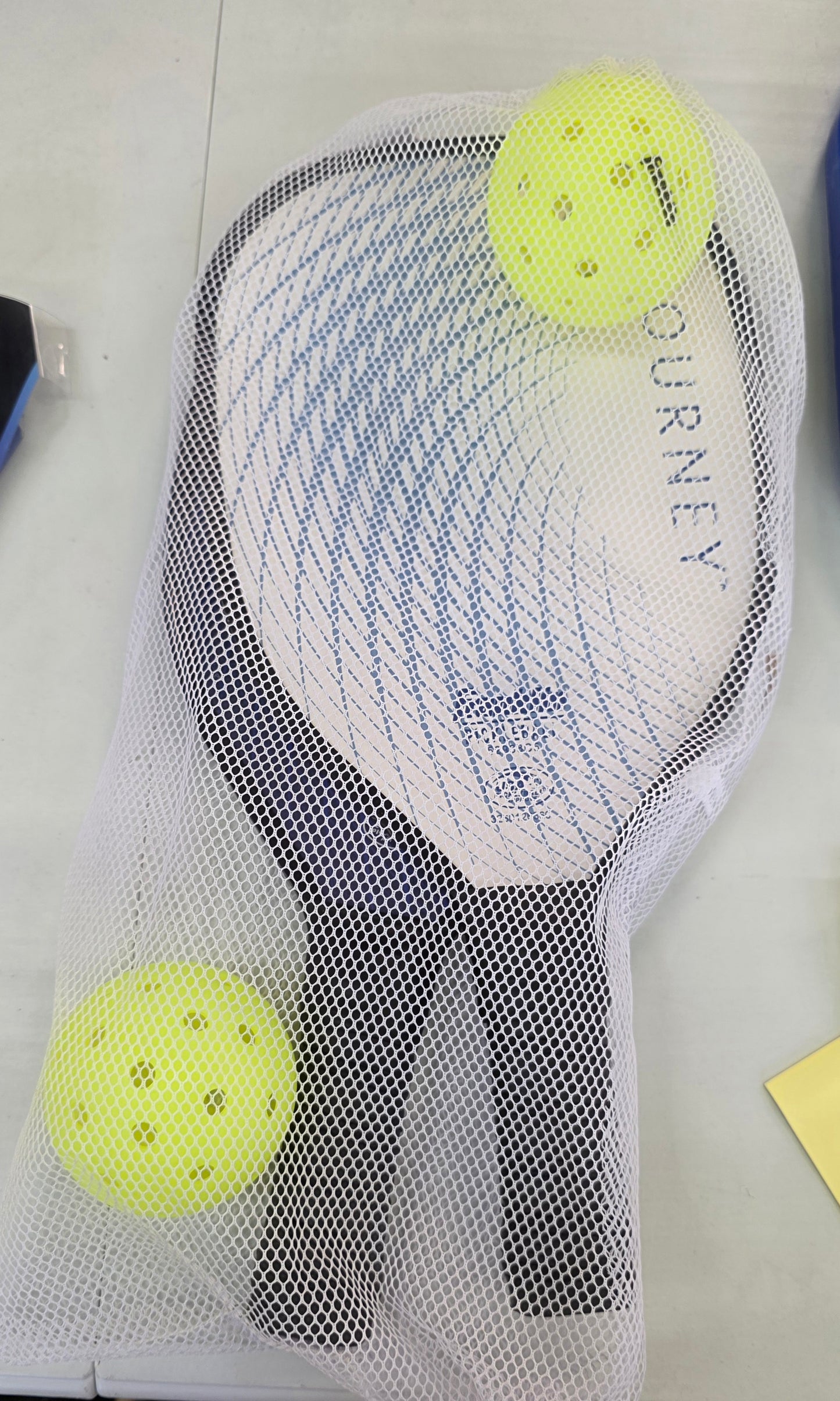 Franklin Sports 2 Player Wood Journey Pickleball Paddle and Ball Set in Mesh Bag - White/Navy: Medium Flex, Traditional Shape -Out of package