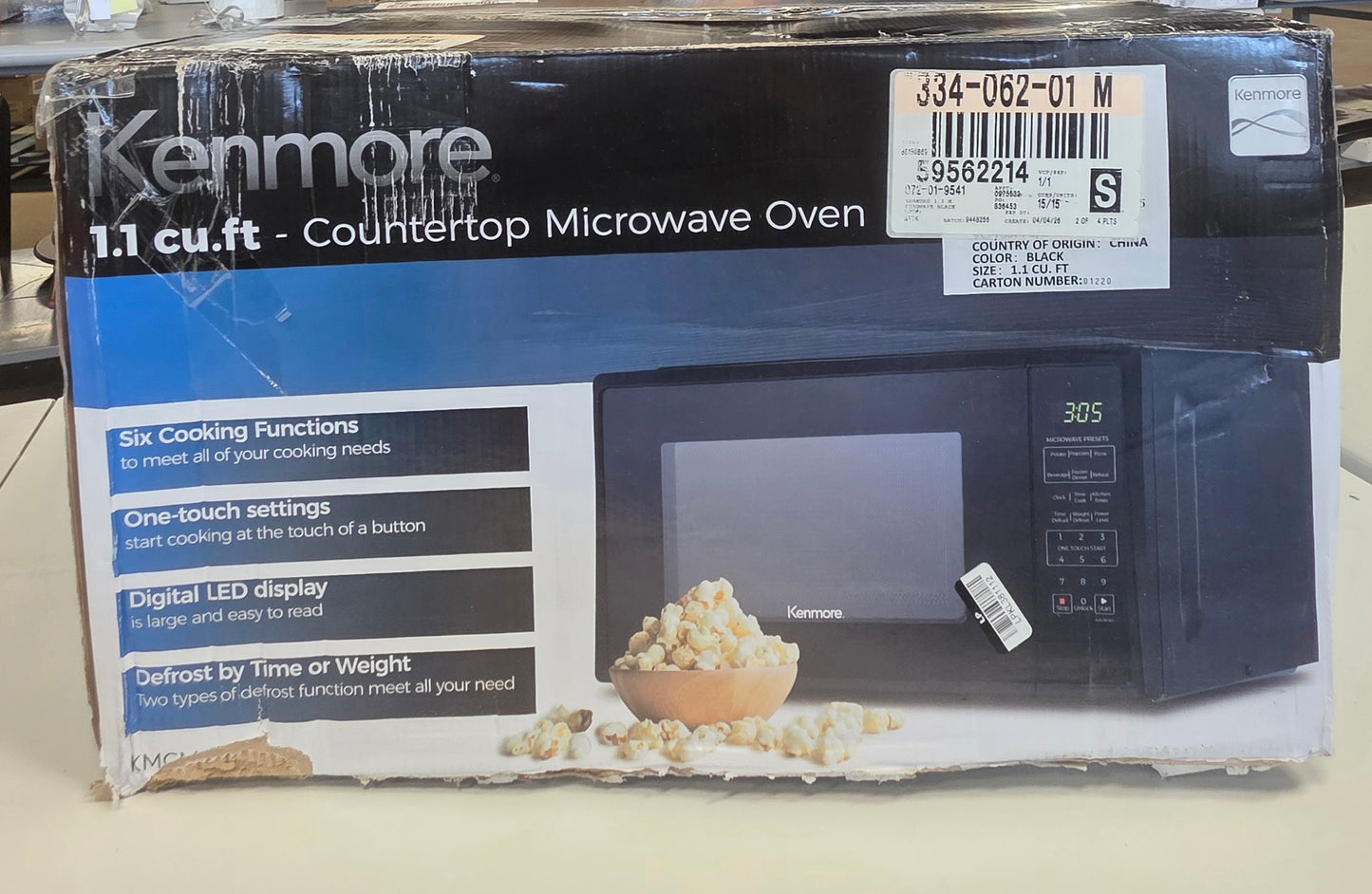 Kenmore 1.1 cu ft Microwave Oven Black: Countertop Oven, 1000W, Child Lock, 6 Programs, 1 Year Warranty PICKUP ONLY...  DAMAGED OPEN BOX