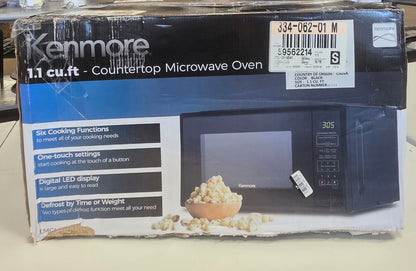Kenmore 1.1 cu ft Microwave Oven Black: Countertop Oven, 1000W, Child Lock, 6 Programs, 1 Year Warranty PICKUP ONLY...  DAMAGED OPEN BOX