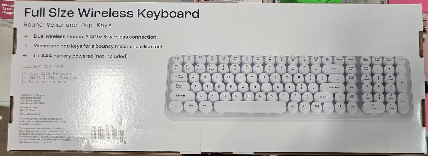 North Full Size Round Pop Key Wireless Keyboard - White: 105 Keys, Radio Frequency