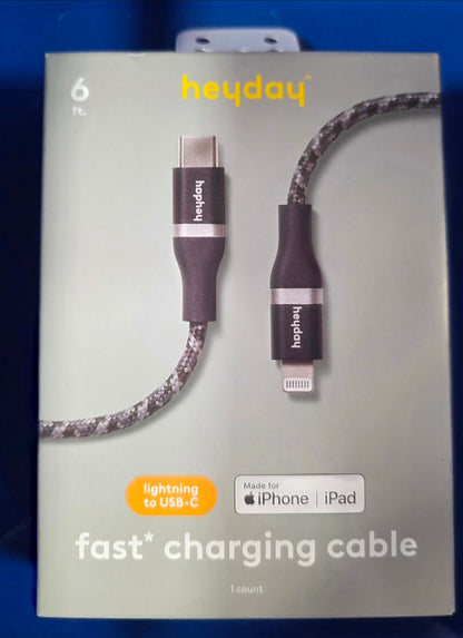 BULK 12 UNITS:  6' Lightning to USB-C Braided Cable - heyday™ Black: Male-To-Male Connection
