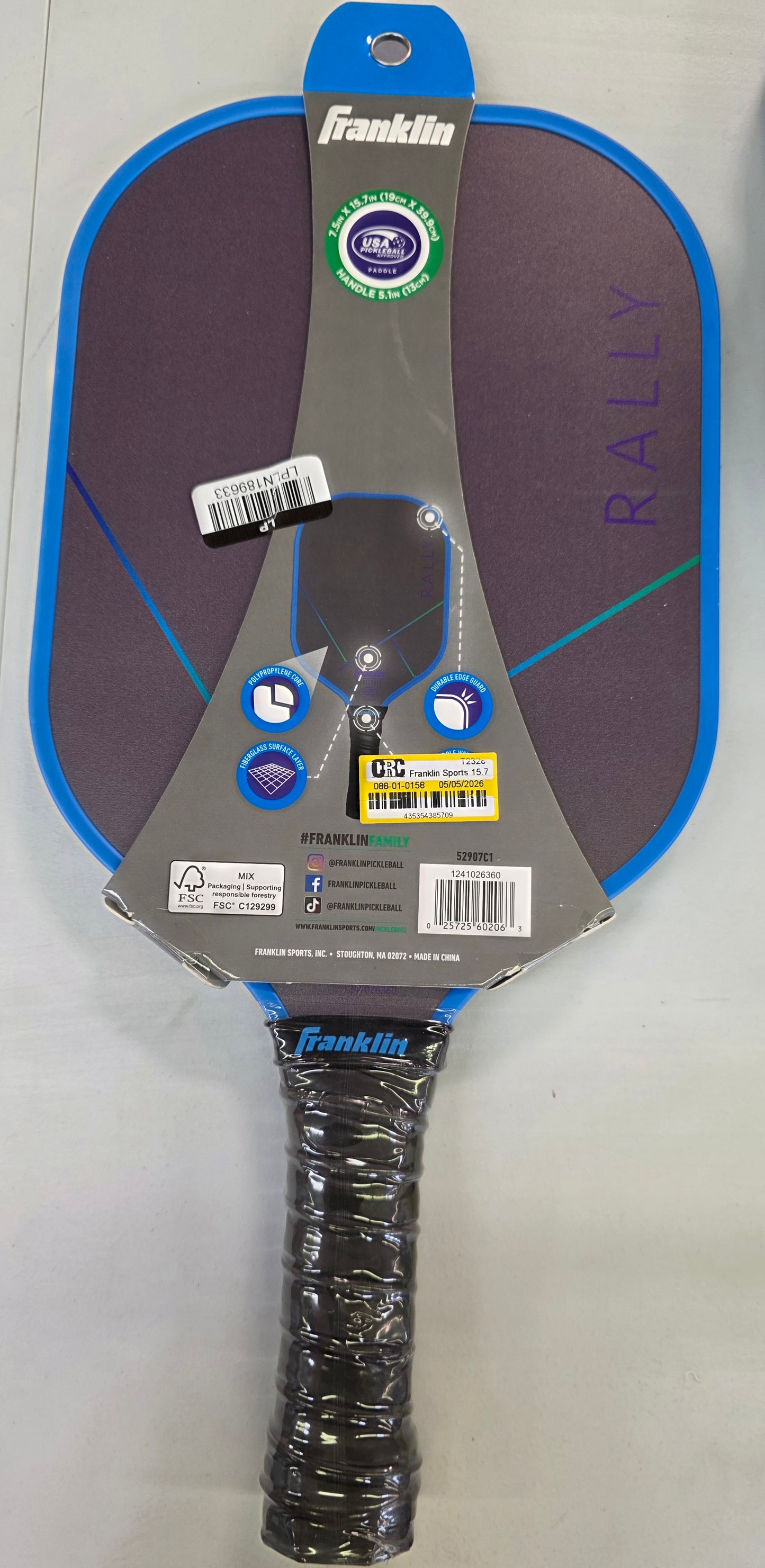 Franklin Sports 15.7'' Rally Traditional Pickleball Paddle - Blue/Green: Polypropylene Core