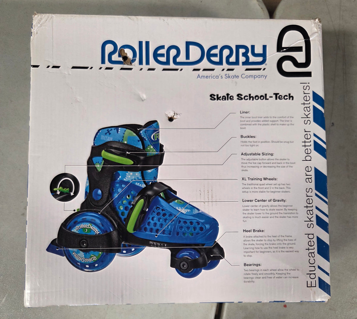 Roller derby sport kids' roller skate - dinosaur blue/black size 11-2 - OPEN BOX - USED - PICK UP ONLY