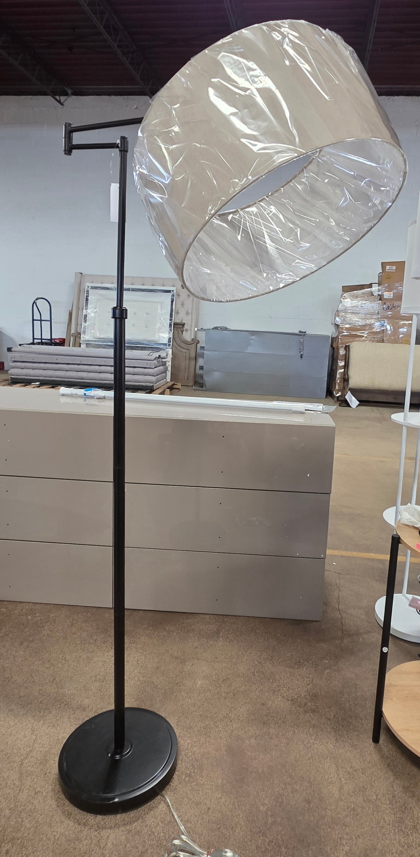 Floor Lamp 58.5"x17" Swing Arm Floor Lamp: Adjustable, Linen Shade, Metal Body