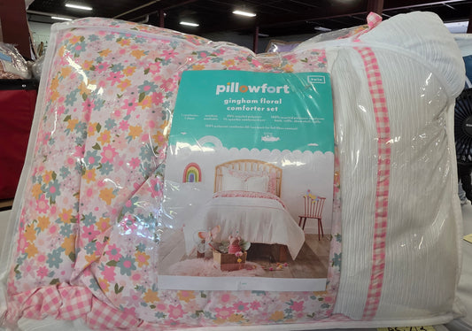 Twin Reversible Crinkle Bow Gingham Floral Kids' Comforter & Sham Set