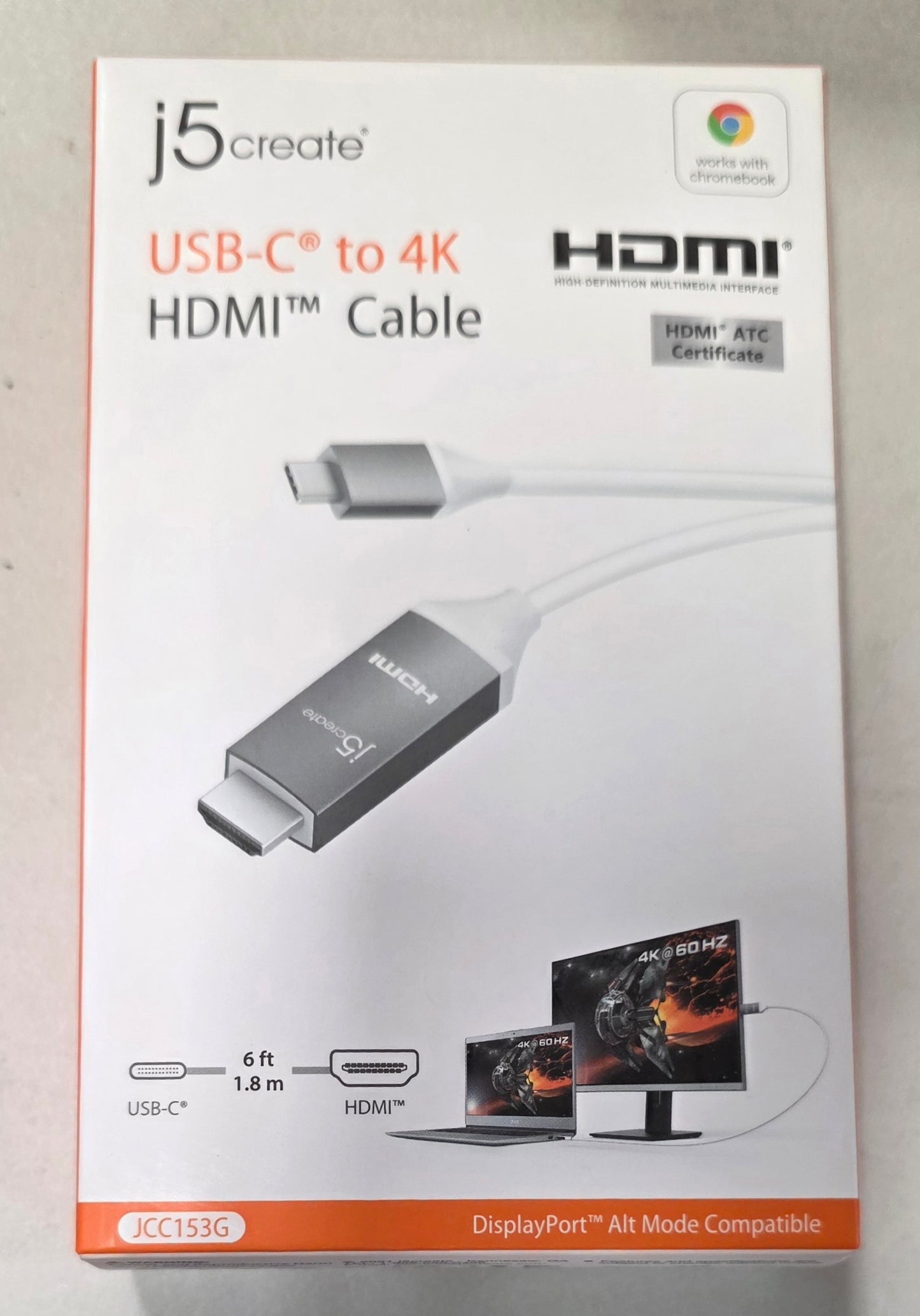 j5create USB-C to 4K HDMI Cable: 6 ft Male-to-Male Cord, Gray/White
