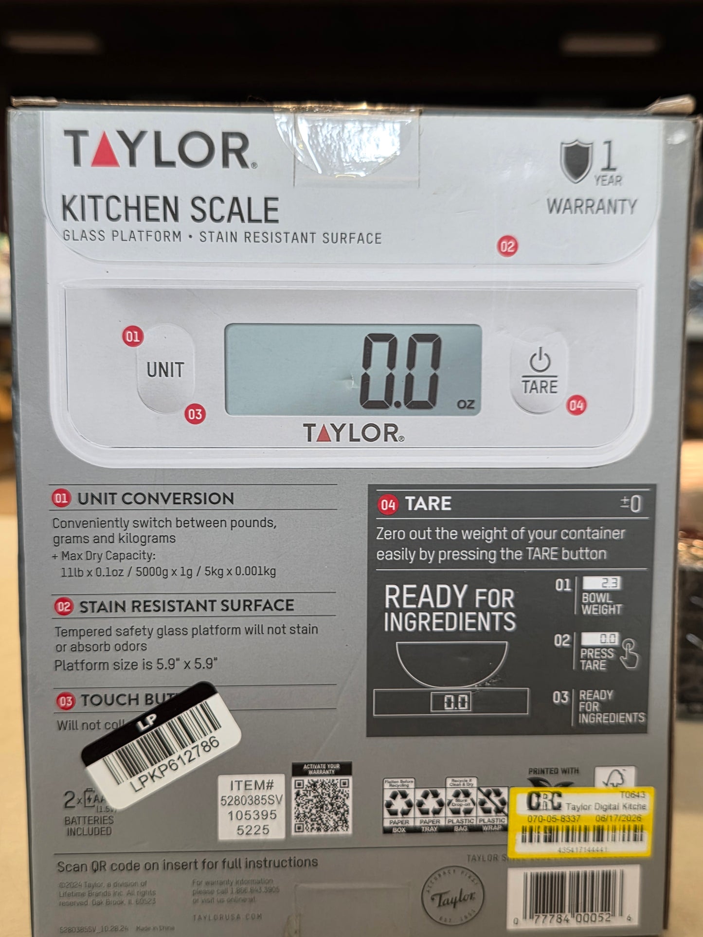 Taylor Digital Kitchen Glass Top 11lb Food Scale Silver