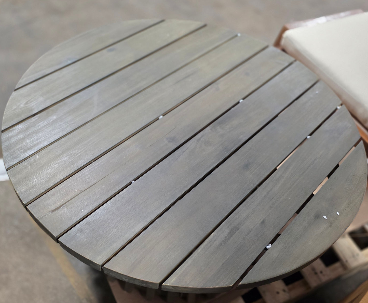 Rustic Outdoor Acacia Wood Round Coffee Table with Slatted Design PICKUP ONLY