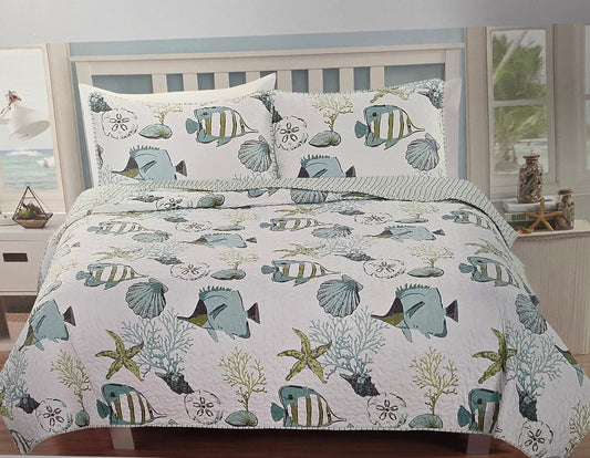 Linery Fish Coral Quilt Full/Queen Set