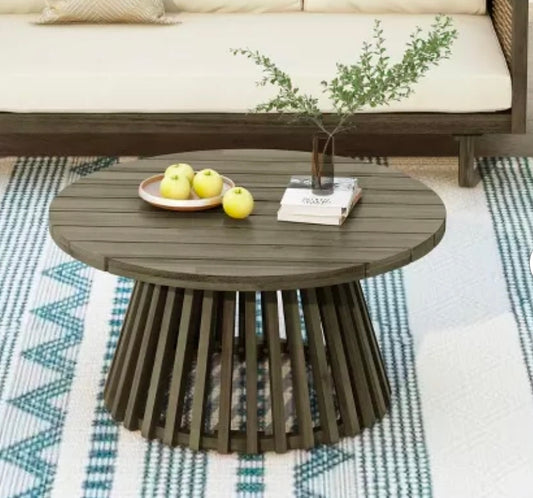 Rustic Outdoor Acacia Wood Round Coffee Table with Slatted Design PICKUP ONLY