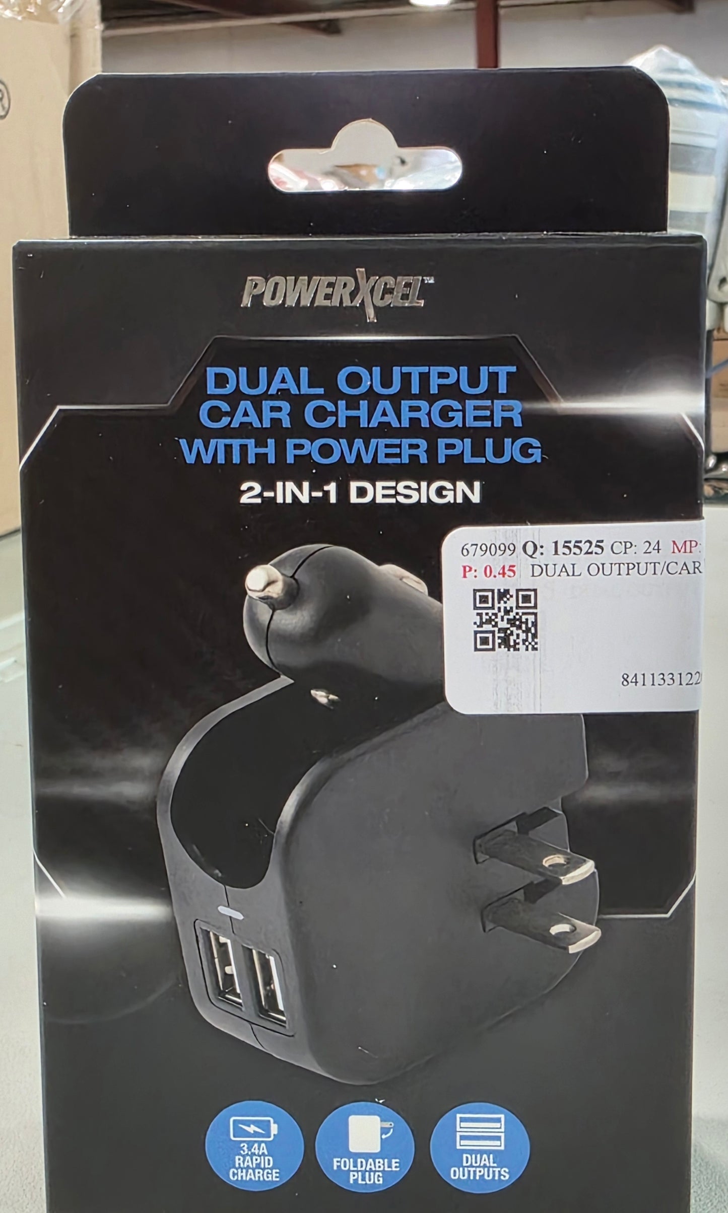 PowerXcel Dual Output Car Charger with Power Plug 2-in-1 Design