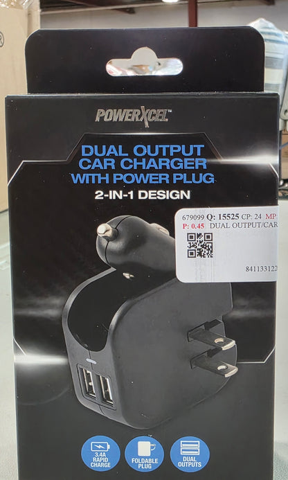 PowerXcel Dual Output Car Charger with Power Plug 2-in-1 Design