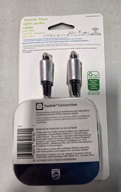 Philips 6' Elite Toslink Digital Fiber Optic Cable with 2 Mini Adapters - Gray: Male-to-Male AV Connection
