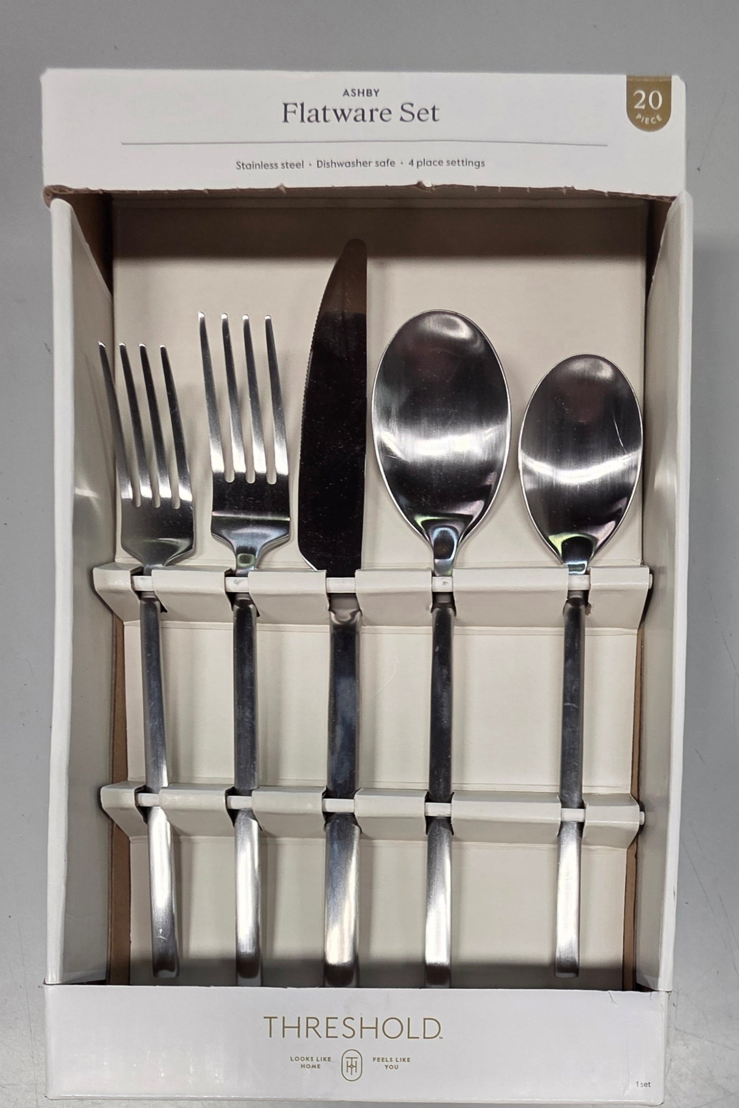 20pc Ashby Flatware Set Silver - Threshold™: Stainless Steel Silverware, Service for 4, Forks Spoons Knives Se
