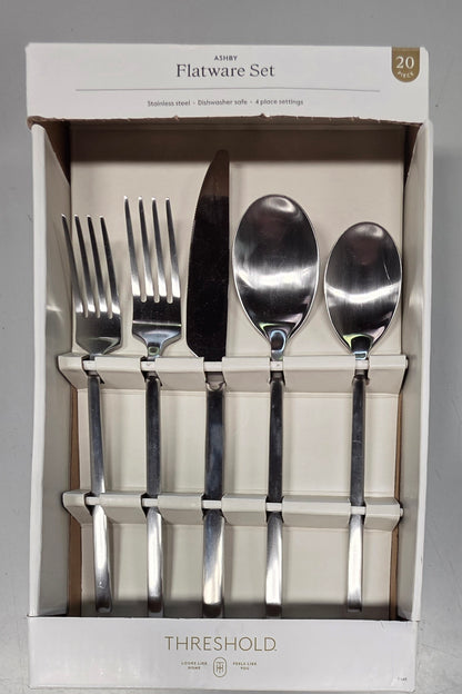 20pc Ashby Flatware Set Silver - Threshold™: Stainless Steel Silverware, Service for 4, Forks Spoons Knives Se