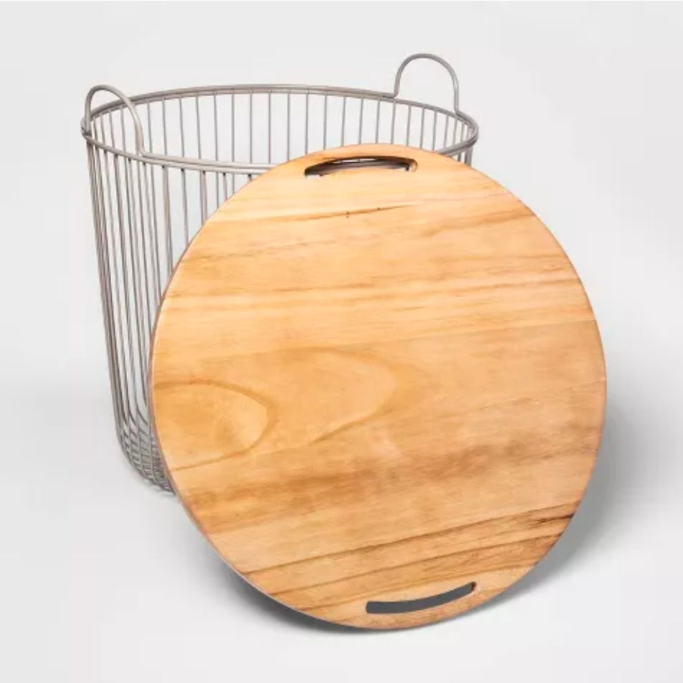 Wire Kids' Storage Floor Bin Gray - Pillowfort™: Round Metal & Wood Basket with Lid and Handles